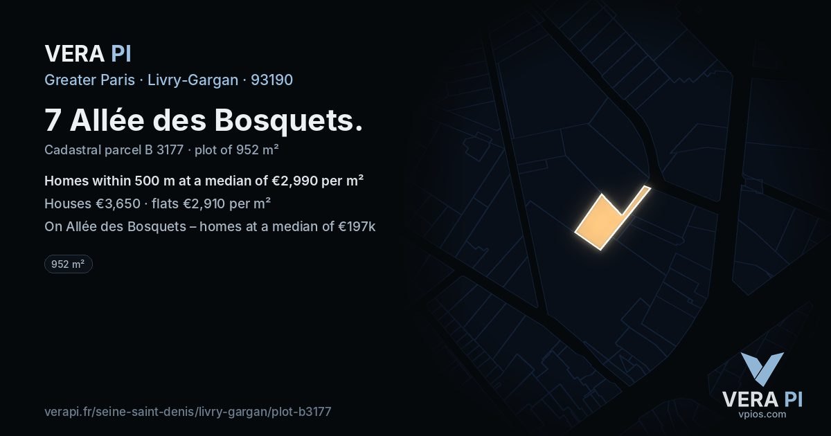 7 Allée des Bosquets, Livry-Gargan at night – the plot lit, the parcels around coloured by the prices near them
