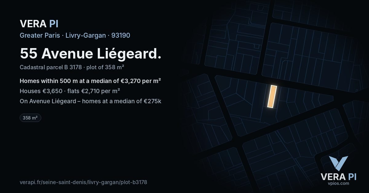 55 Avenue Liégeard, Livry-Gargan at night – the plot lit, the parcels around coloured by the prices near them
