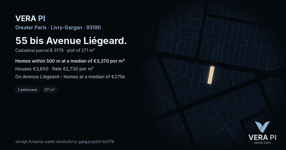55 bis Avenue Liégeard, Livry-Gargan at night – the plot lit, the parcels around coloured by the prices near them