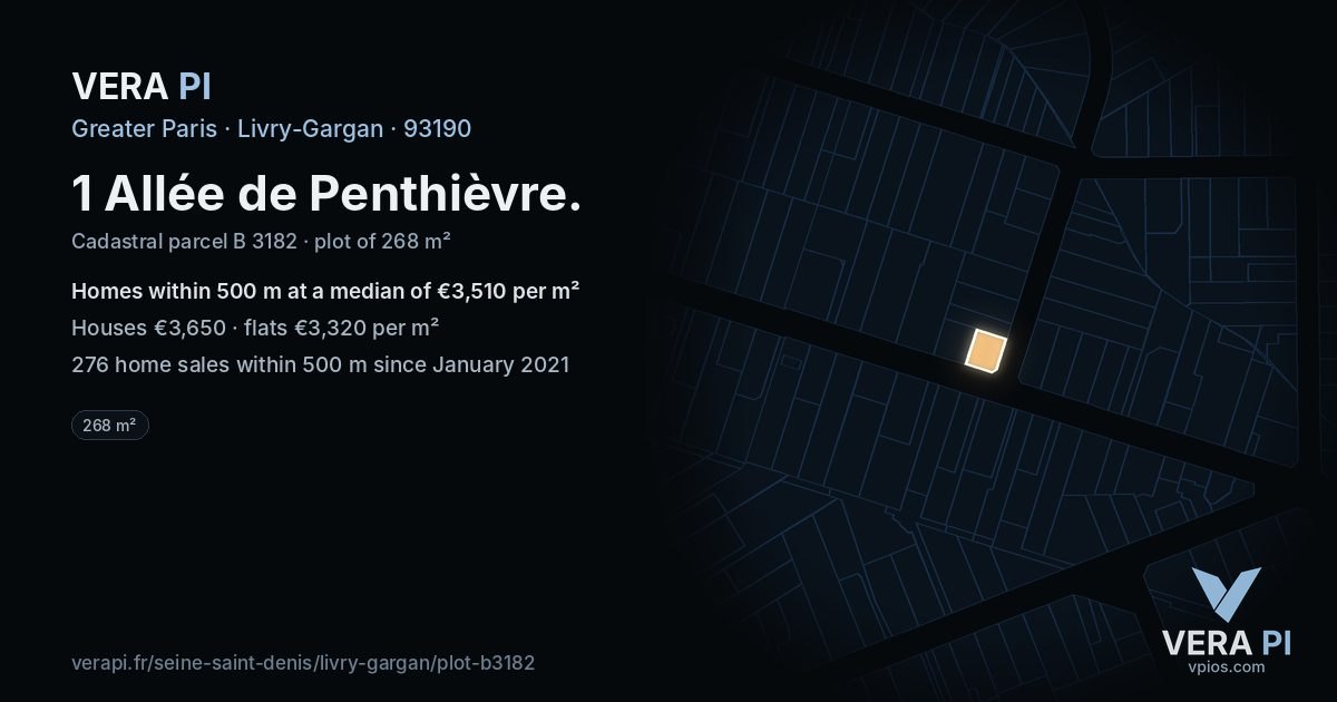 1 Allée de Penthièvre, Livry-Gargan at night – the plot lit, the parcels around coloured by the prices near them