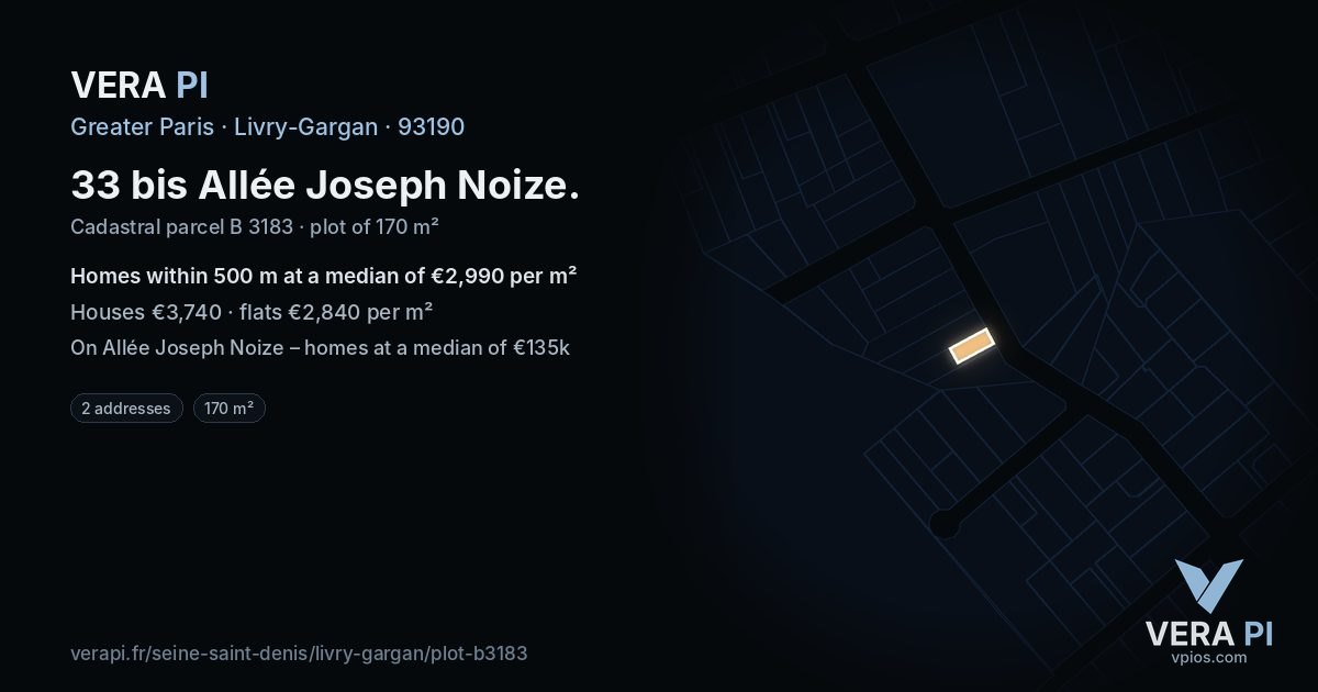 33 bis Allée Joseph Noize, Livry-Gargan at night – the plot lit, the parcels around coloured by the prices near them