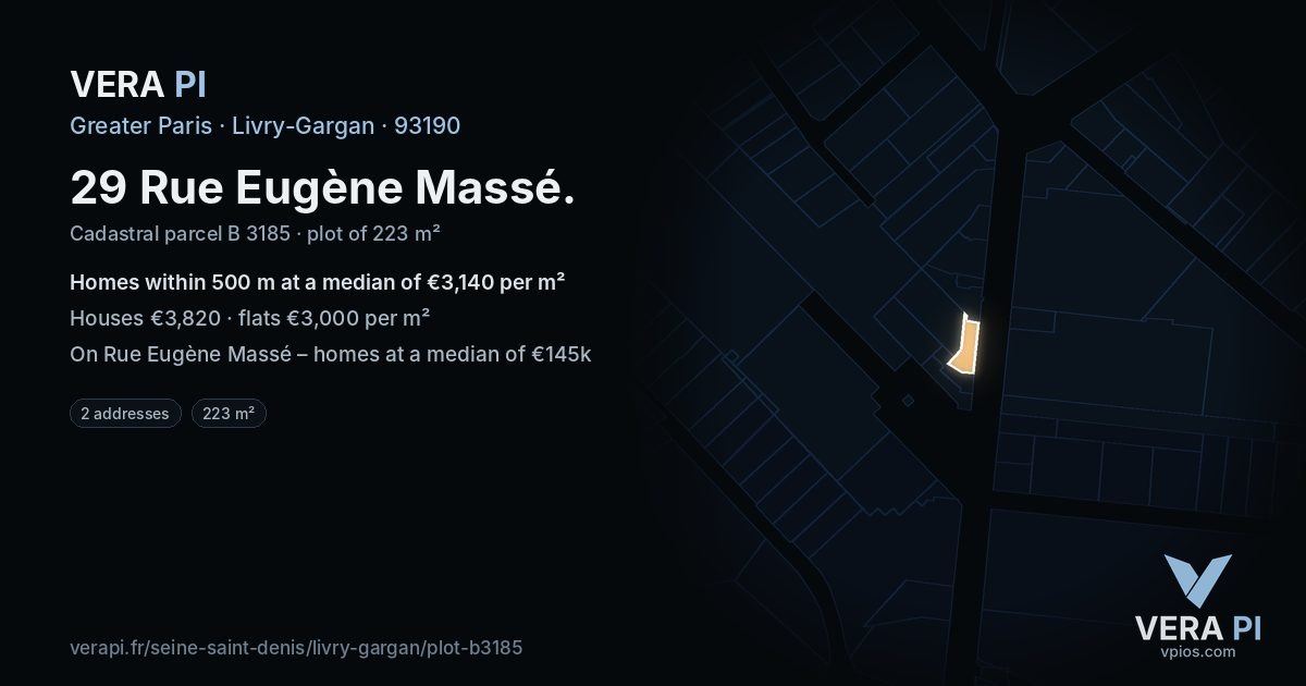 29 Rue Eugène Massé, Livry-Gargan at night – the plot lit, the parcels around coloured by the prices near them