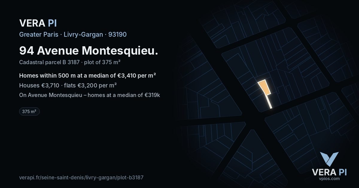94 Avenue Montesquieu, Livry-Gargan at night – the plot lit, the parcels around coloured by the prices near them