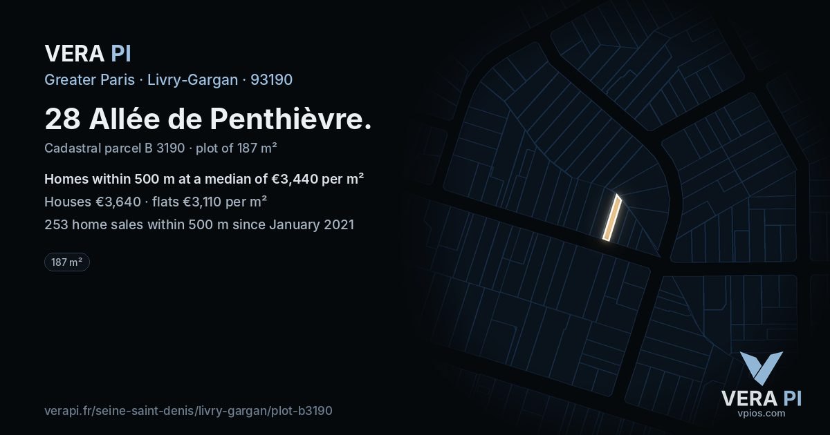 28 Allée de Penthièvre, Livry-Gargan at night – the plot lit, the parcels around coloured by the prices near them