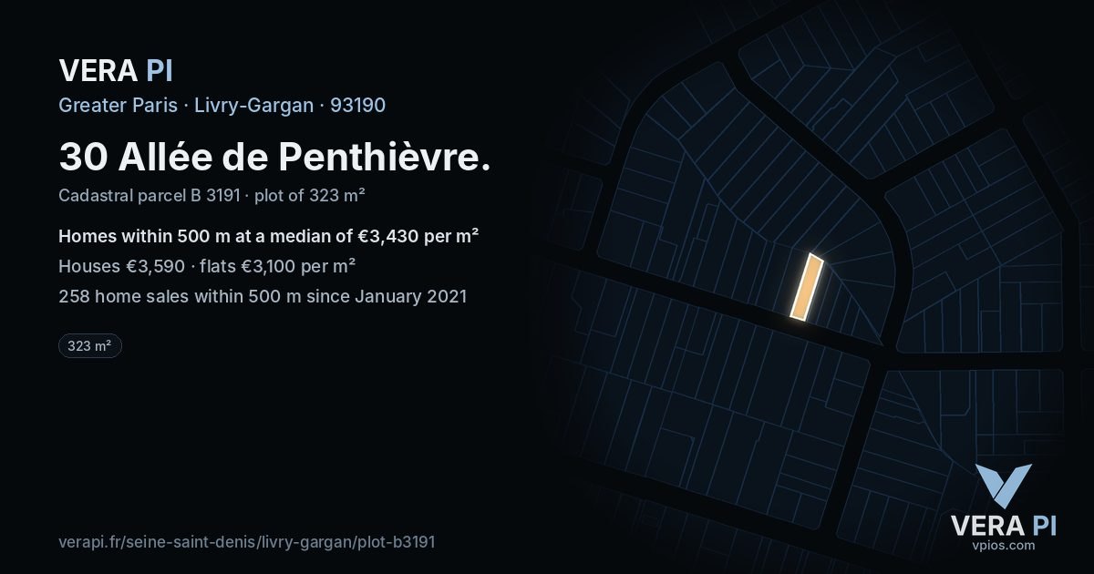 30 Allée de Penthièvre, Livry-Gargan at night – the plot lit, the parcels around coloured by the prices near them