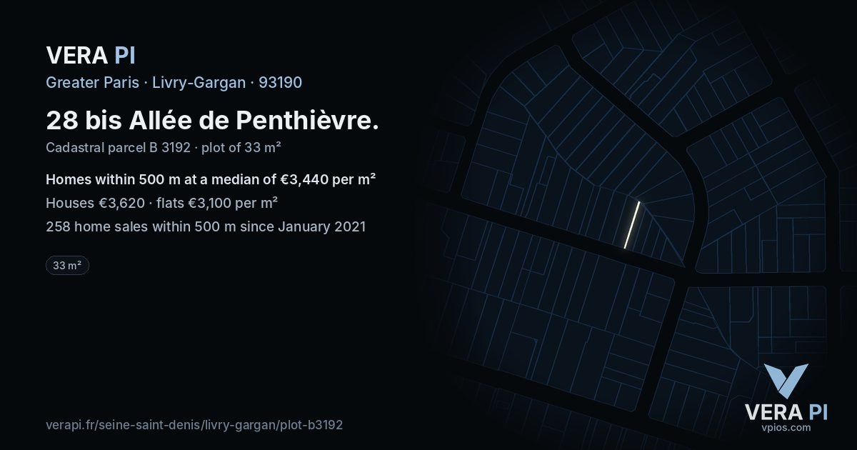 28 bis Allée de Penthièvre, Livry-Gargan at night – the plot lit, the parcels around coloured by the prices near them