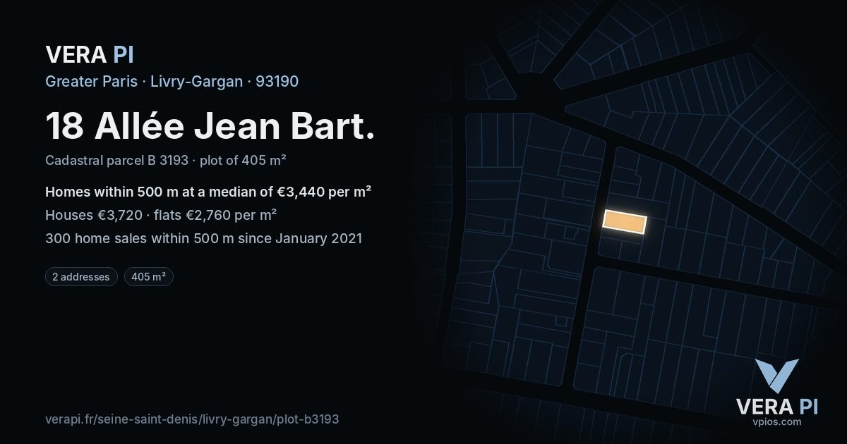 18 Allée Jean Bart, Livry-Gargan at night – the plot lit, the parcels around coloured by the prices near them