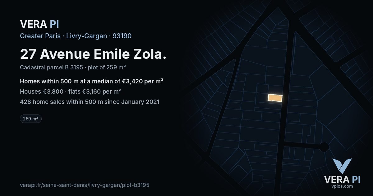 27 Avenue Emile Zola, Livry-Gargan at night – the plot lit, the parcels around coloured by the prices near them