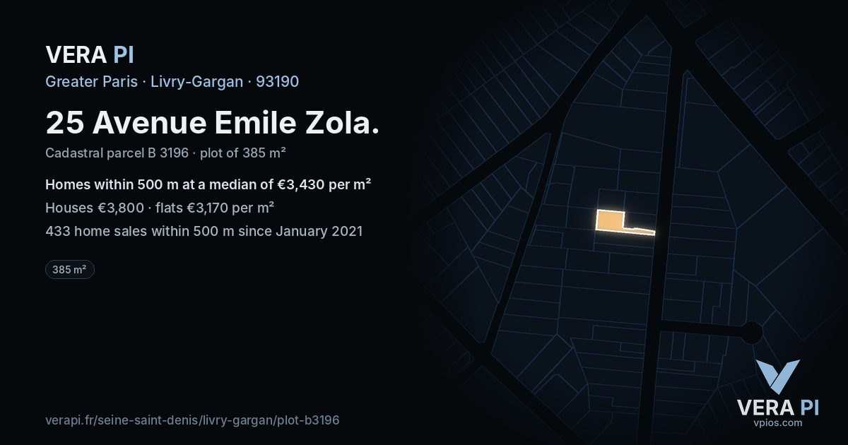 25 Avenue Emile Zola, Livry-Gargan at night – the plot lit, the parcels around coloured by the prices near them