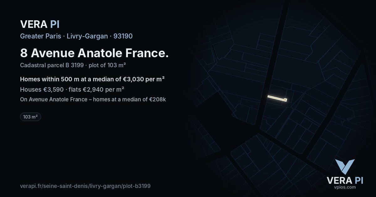 8 Avenue Anatole France, Livry-Gargan at night – the plot lit, the parcels around coloured by the prices near them
