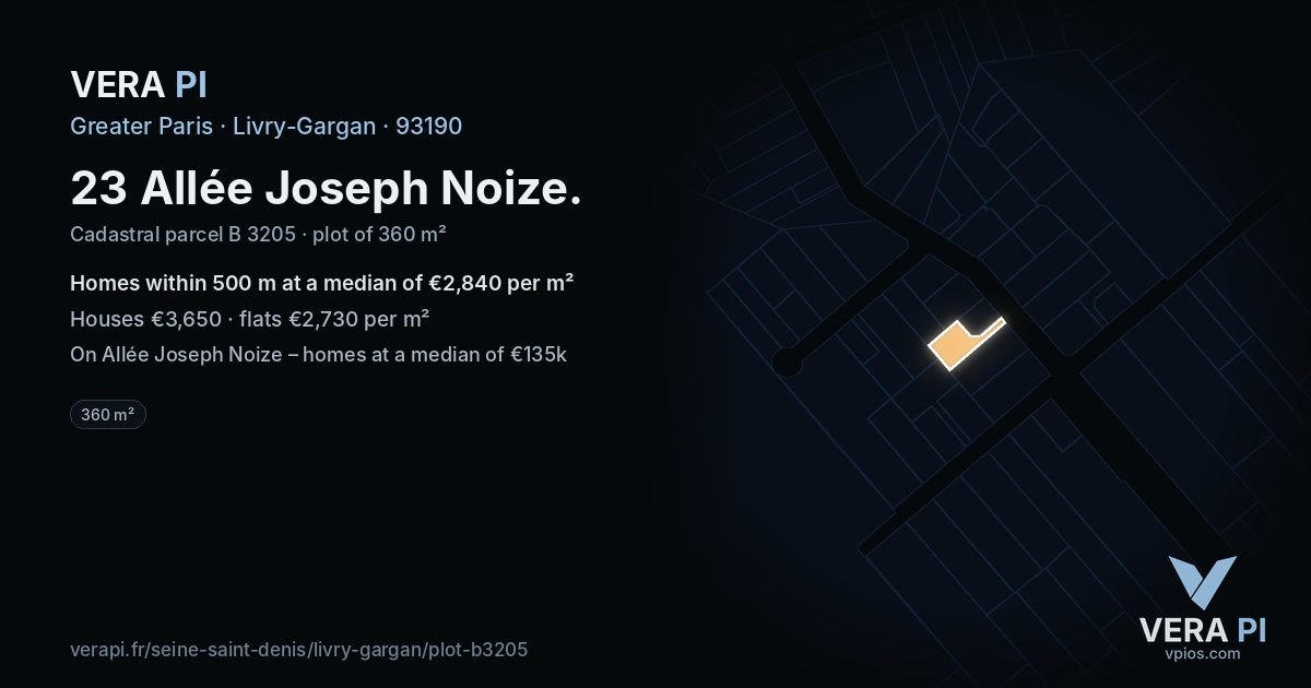 23 Allée Joseph Noize, Livry-Gargan at night – the plot lit, the parcels around coloured by the prices near them