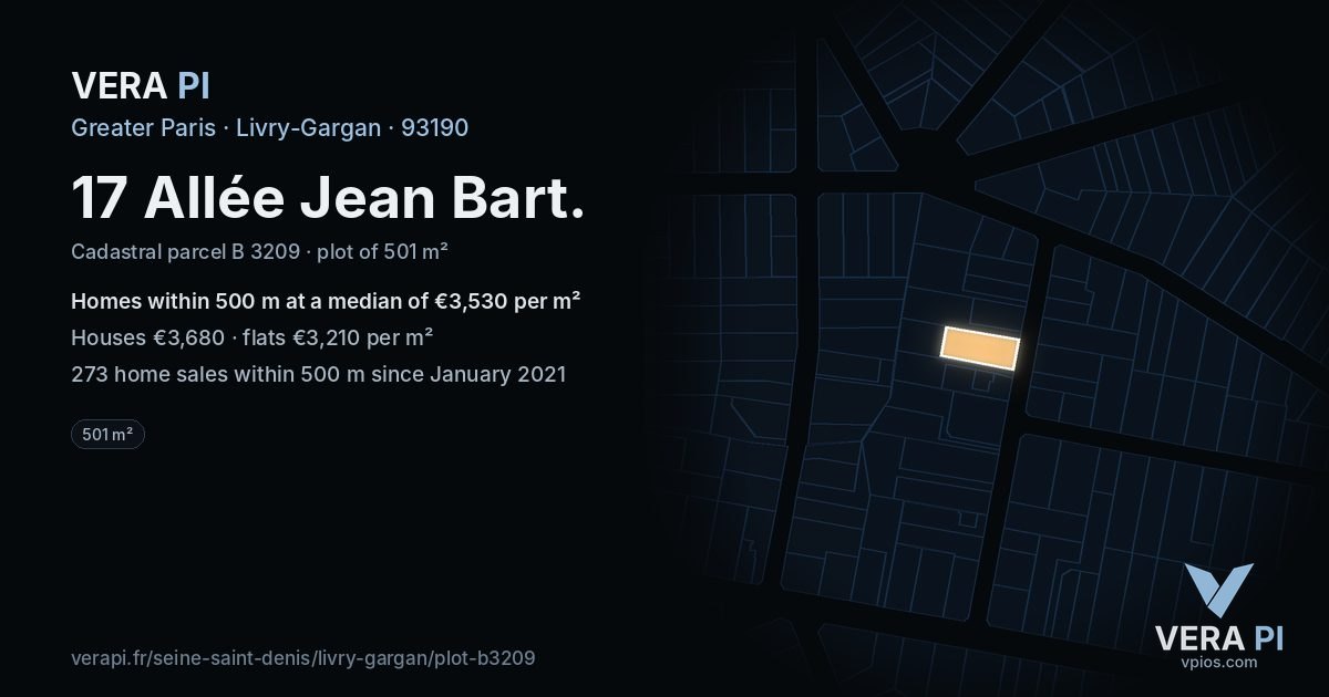 17 Allée Jean Bart, Livry-Gargan at night – the plot lit, the parcels around coloured by the prices near them