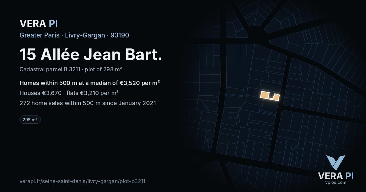 15 Allée Jean Bart, Livry-Gargan at night – the plot lit, the parcels around coloured by the prices near them