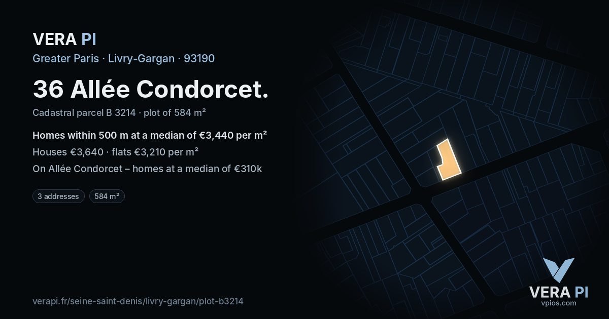36 Allée Condorcet, Livry-Gargan at night – the plot lit, the parcels around coloured by the prices near them
