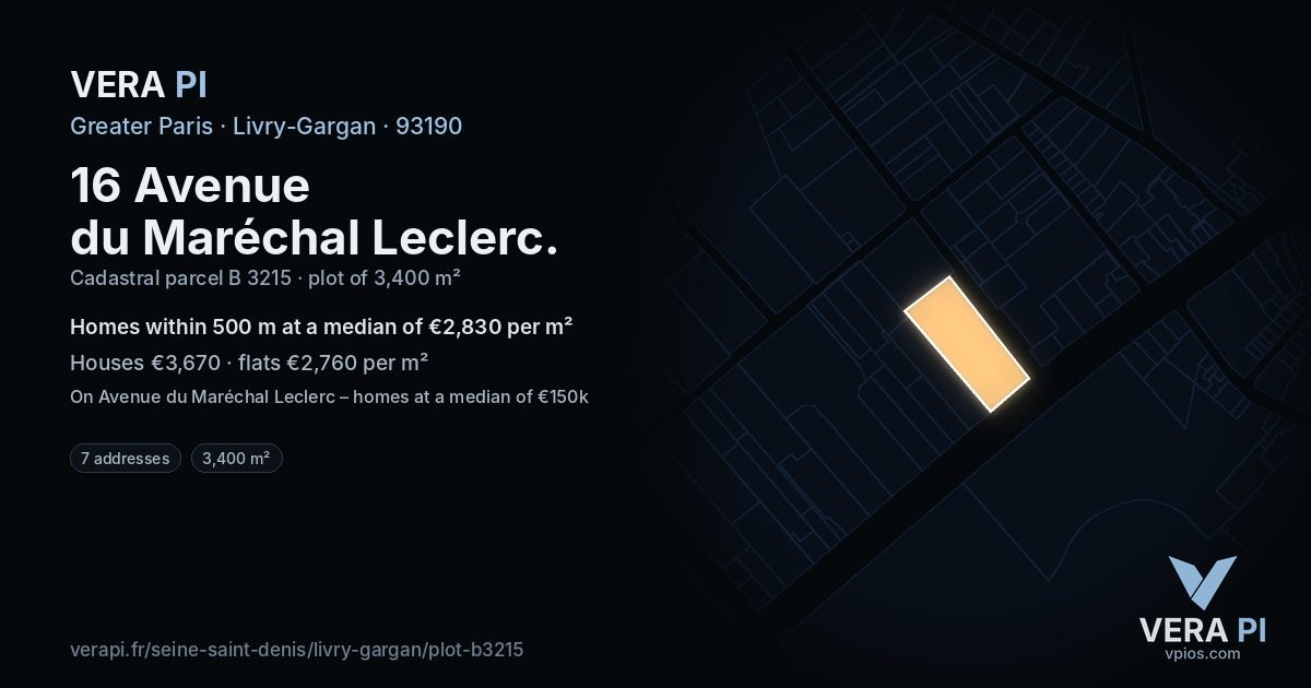 16 Avenue du Maréchal Leclerc, Livry-Gargan at night – the plot lit, the parcels around coloured by the prices near them