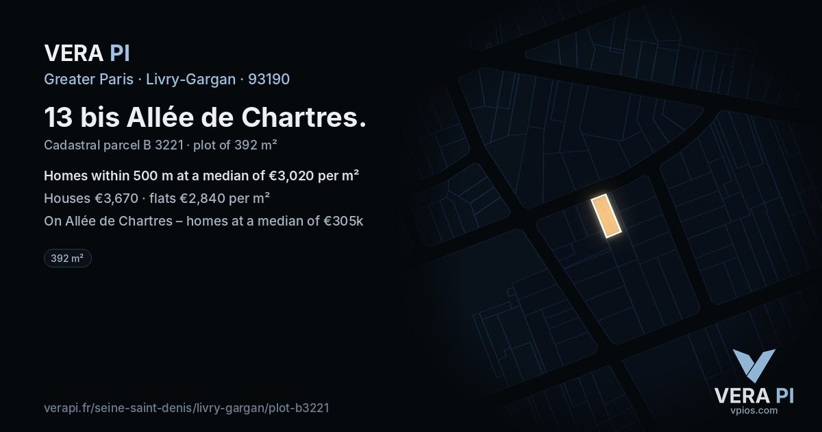 13 bis Allée de Chartres, Livry-Gargan at night – the plot lit, the parcels around coloured by the prices near them