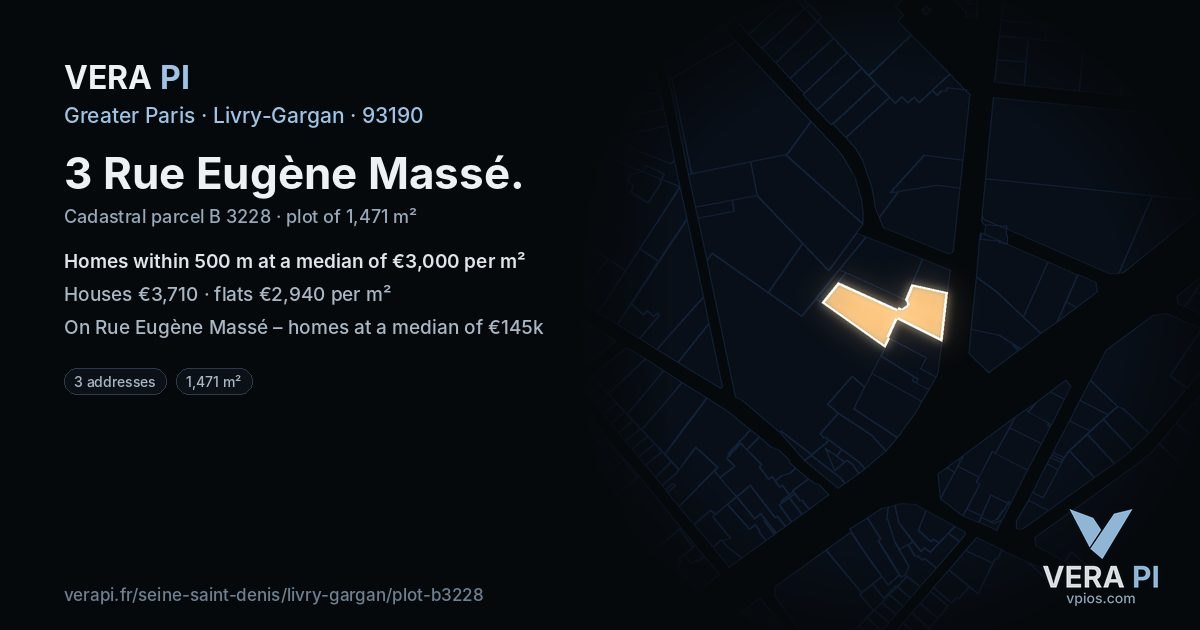 3 Rue Eugène Massé, Livry-Gargan at night – the plot lit, the parcels around coloured by the prices near them