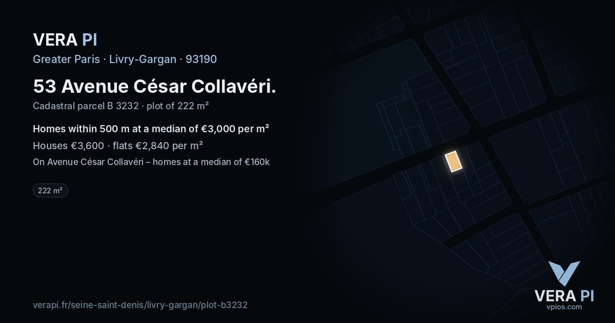 53 Avenue César Collavéri, Livry-Gargan at night – the plot lit, the parcels around coloured by the prices near them