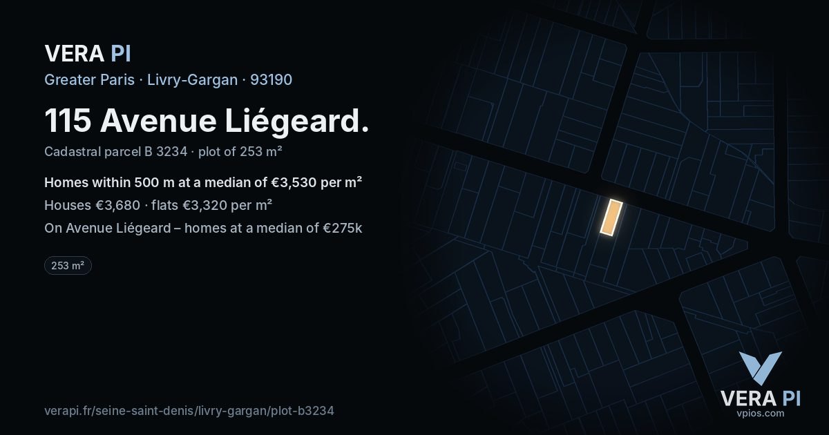 115 Avenue Liégeard, Livry-Gargan at night – the plot lit, the parcels around coloured by the prices near them