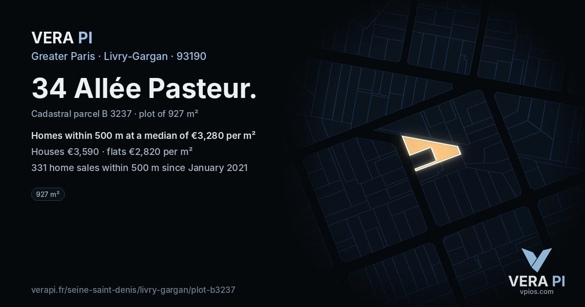34 Allée Pasteur, Livry-Gargan at night – the plot lit, the parcels around coloured by the prices near them