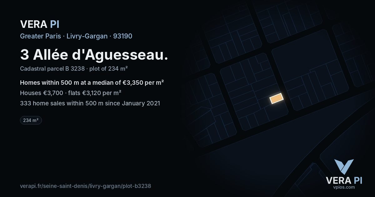 3 Allée d'Aguesseau, Livry-Gargan at night – the plot lit, the parcels around coloured by the prices near them