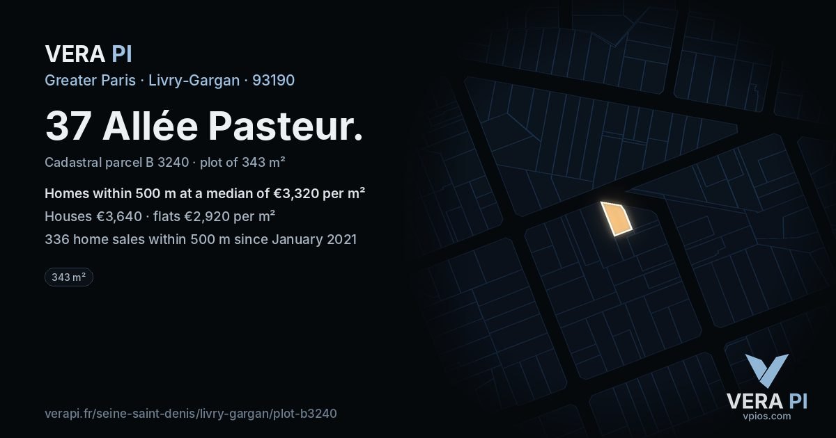37 Allée Pasteur, Livry-Gargan at night – the plot lit, the parcels around coloured by the prices near them