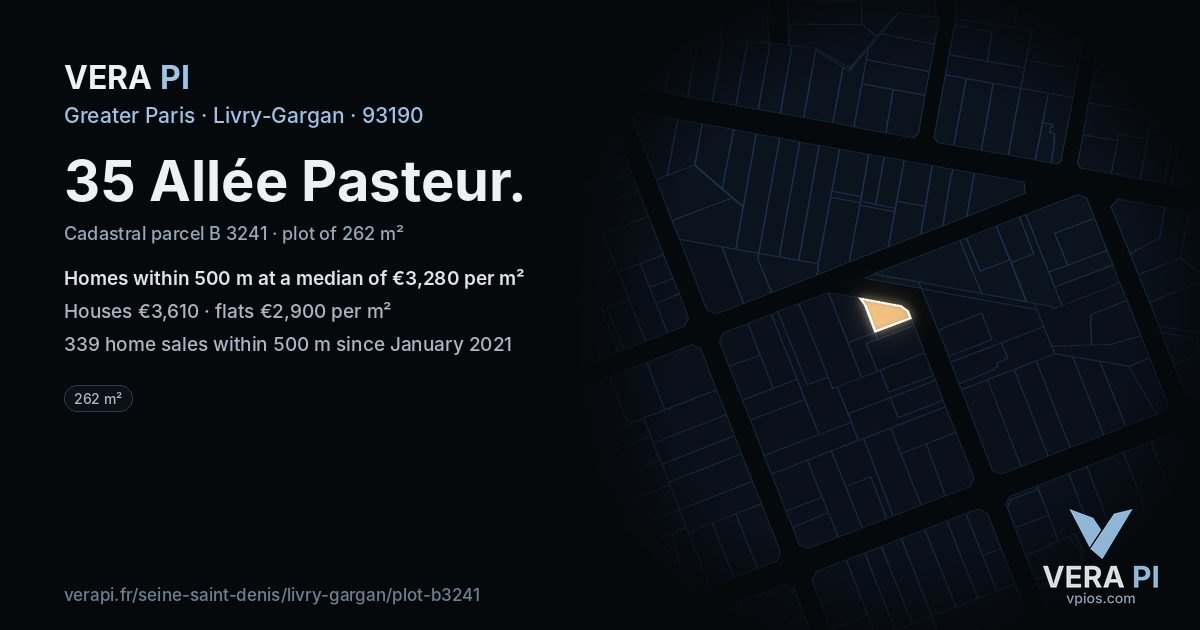 35 Allée Pasteur, Livry-Gargan at night – the plot lit, the parcels around coloured by the prices near them