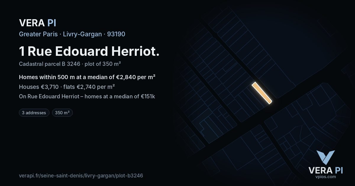 1 Rue Edouard Herriot, Livry-Gargan at night – the plot lit, the parcels around coloured by the prices near them