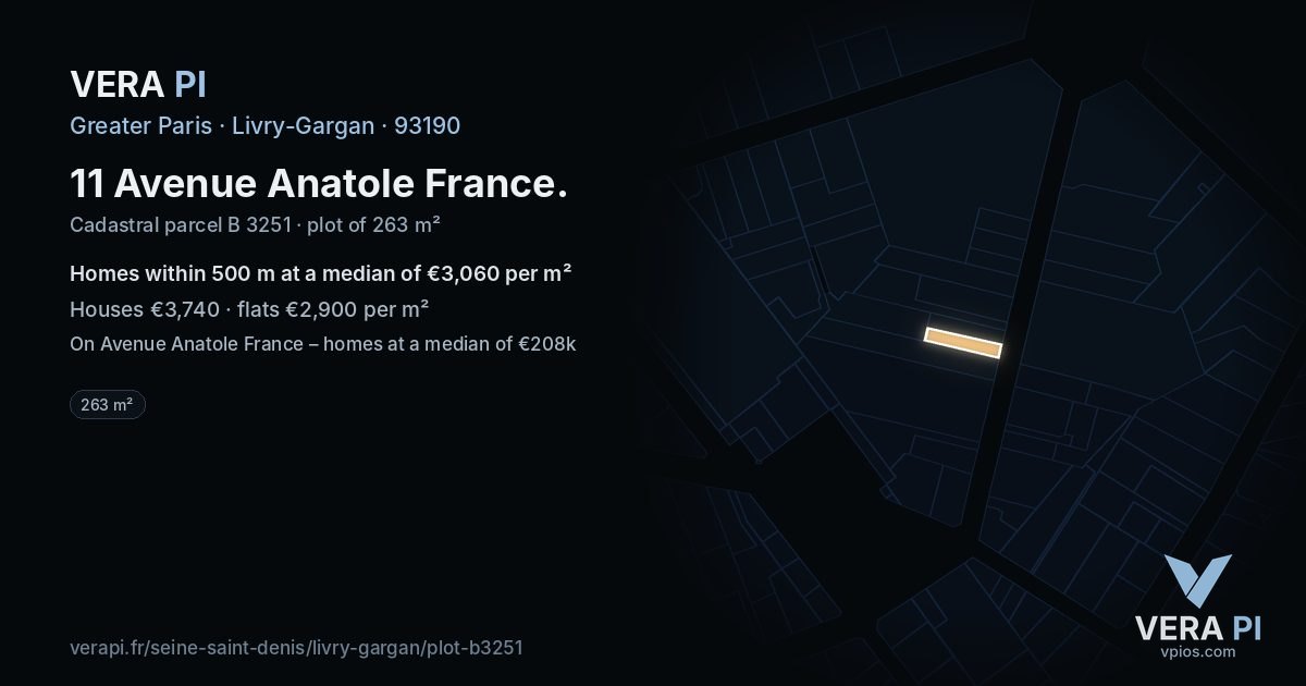 11 Avenue Anatole France, Livry-Gargan at night – the plot lit, the parcels around coloured by the prices near them
