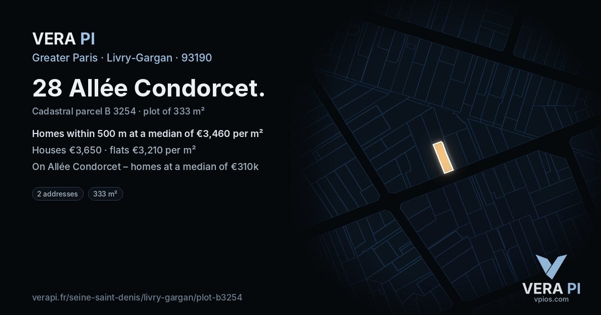 28 Allée Condorcet, Livry-Gargan at night – the plot lit, the parcels around coloured by the prices near them