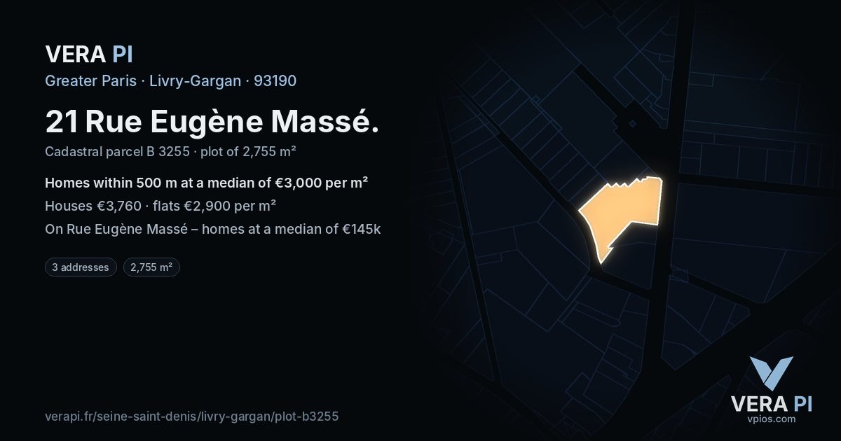 21 Rue Eugène Massé, Livry-Gargan at night – the plot lit, the parcels around coloured by the prices near them