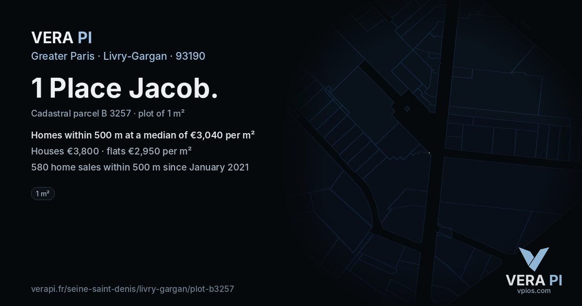 1 Place Jacob, Livry-Gargan at night – the plot lit, the parcels around coloured by the prices near them