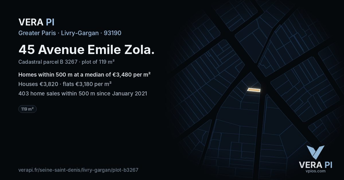 45 Avenue Emile Zola, Livry-Gargan at night – the plot lit, the parcels around coloured by the prices near them