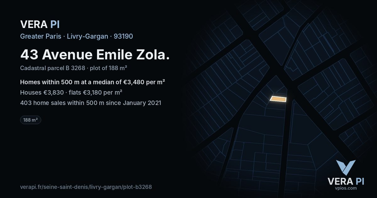 43 Avenue Emile Zola, Livry-Gargan at night – the plot lit, the parcels around coloured by the prices near them