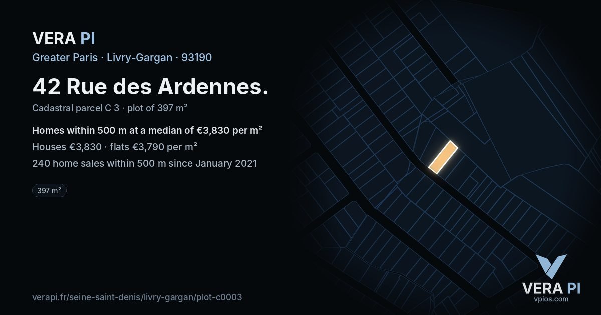 42 Rue des Ardennes, Livry-Gargan at night – the plot lit, the parcels around coloured by the prices near them