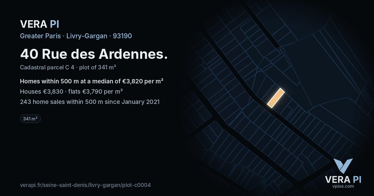 40 Rue des Ardennes, Livry-Gargan at night – the plot lit, the parcels around coloured by the prices near them