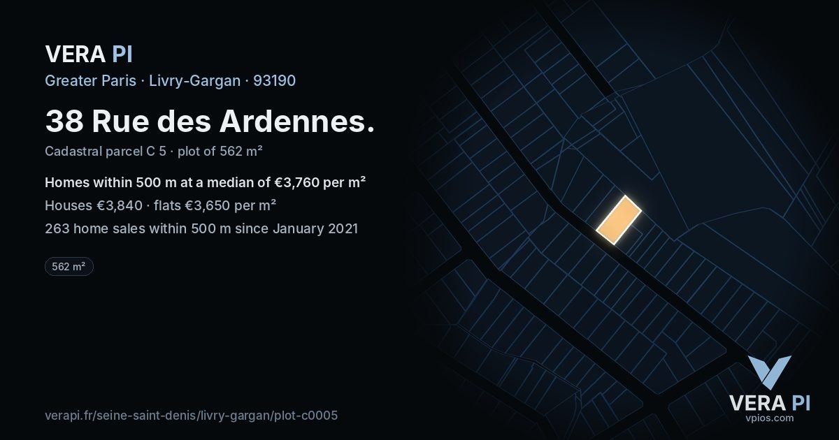 38 Rue des Ardennes, Livry-Gargan at night – the plot lit, the parcels around coloured by the prices near them
