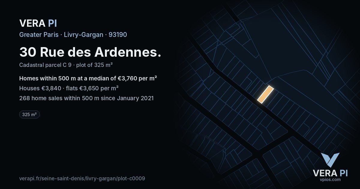 30 Rue des Ardennes, Livry-Gargan at night – the plot lit, the parcels around coloured by the prices near them