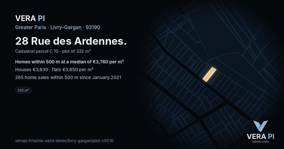28 Rue des Ardennes, Livry-Gargan at night – the plot lit, the parcels around coloured by the prices near them