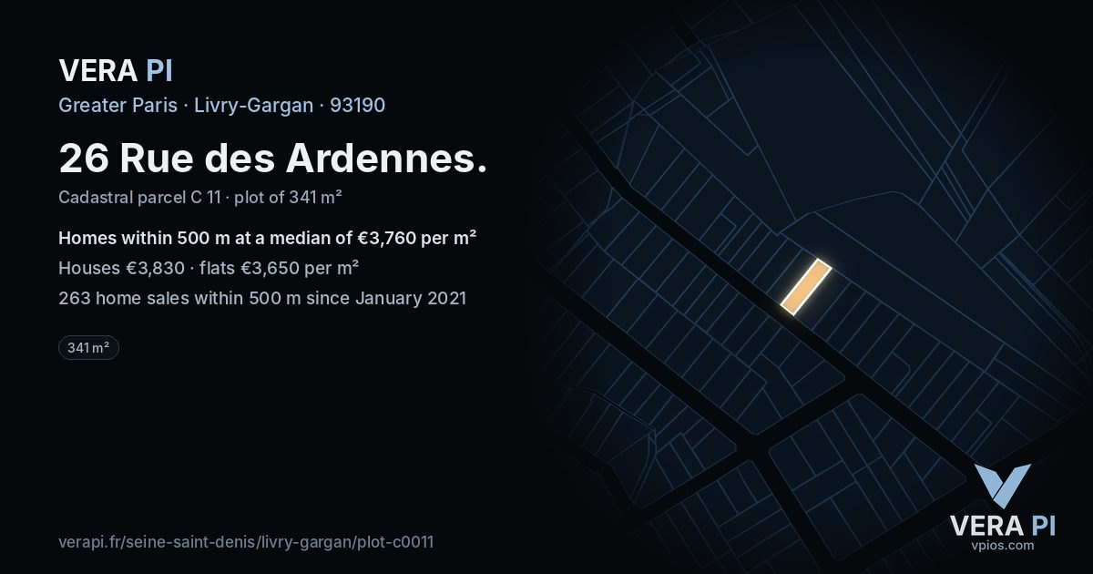 26 Rue des Ardennes, Livry-Gargan at night – the plot lit, the parcels around coloured by the prices near them