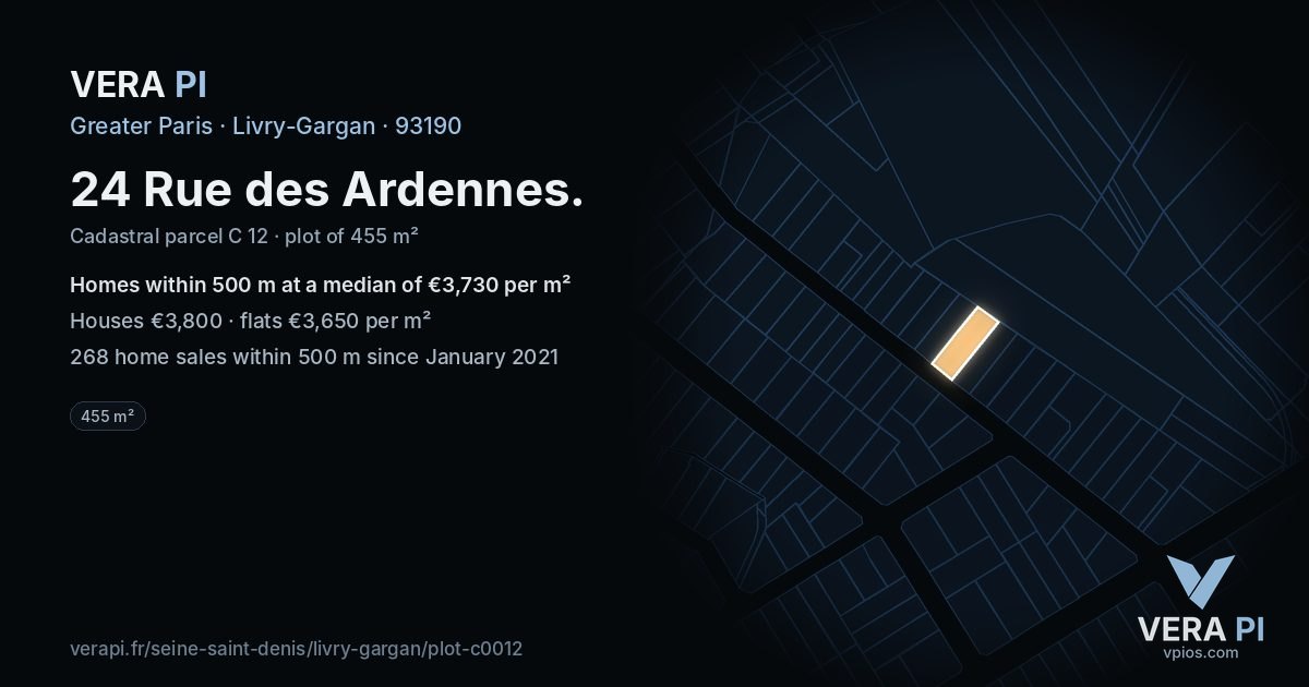24 Rue des Ardennes, Livry-Gargan at night – the plot lit, the parcels around coloured by the prices near them