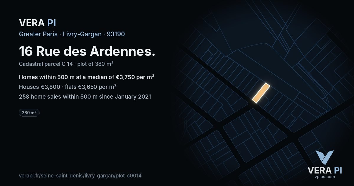 16 Rue des Ardennes, Livry-Gargan at night – the plot lit, the parcels around coloured by the prices near them