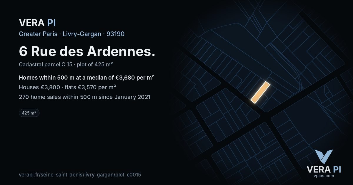 6 Rue des Ardennes, Livry-Gargan at night – the plot lit, the parcels around coloured by the prices near them
