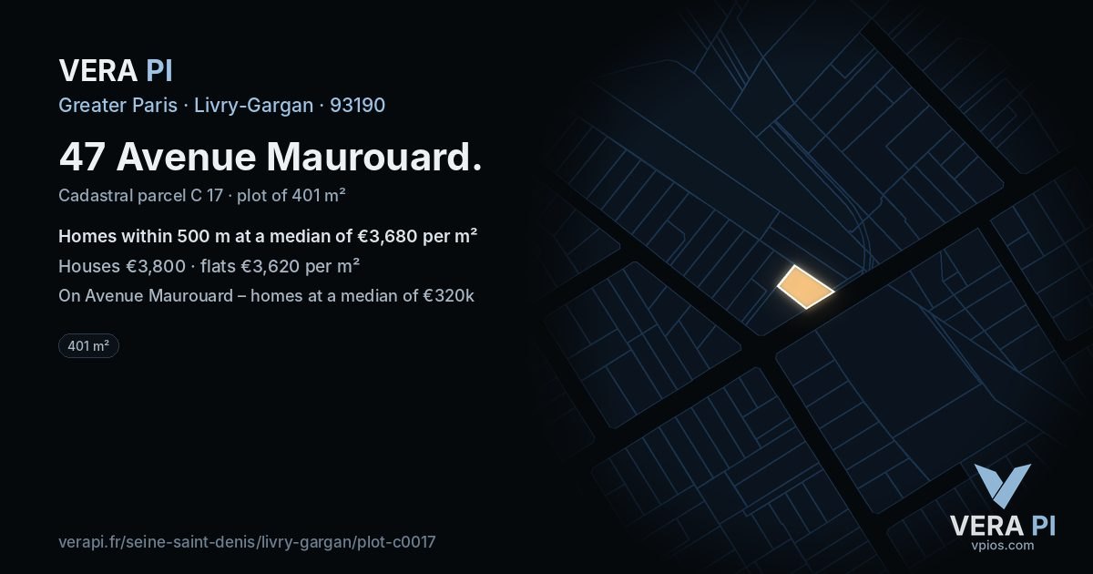 47 Avenue Maurouard, Livry-Gargan at night – the plot lit, the parcels around coloured by the prices near them
