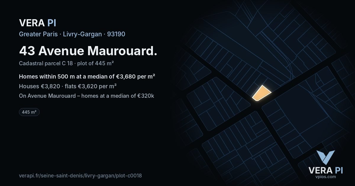 43 Avenue Maurouard, Livry-Gargan at night – the plot lit, the parcels around coloured by the prices near them