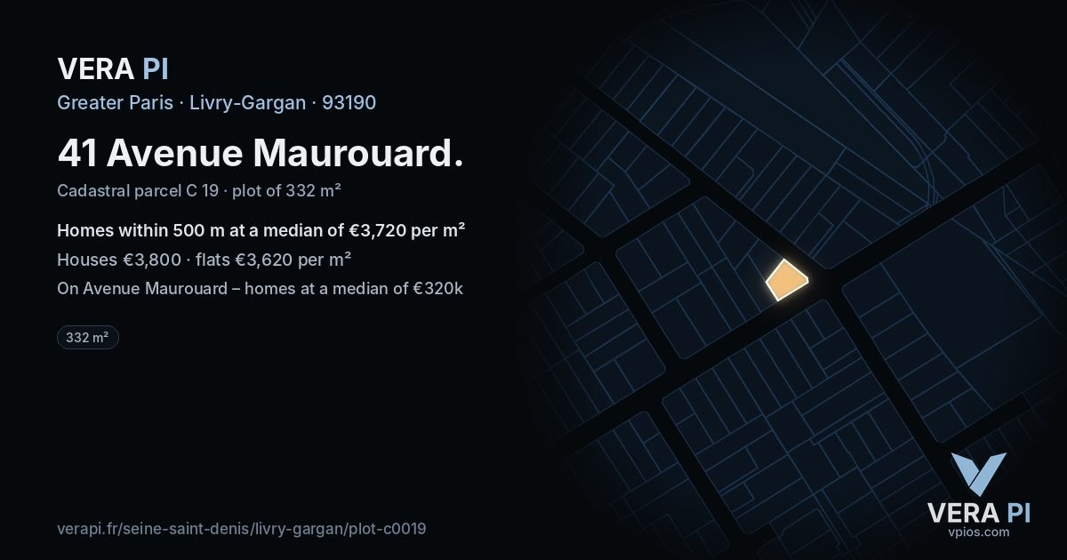 41 Avenue Maurouard, Livry-Gargan at night – the plot lit, the parcels around coloured by the prices near them