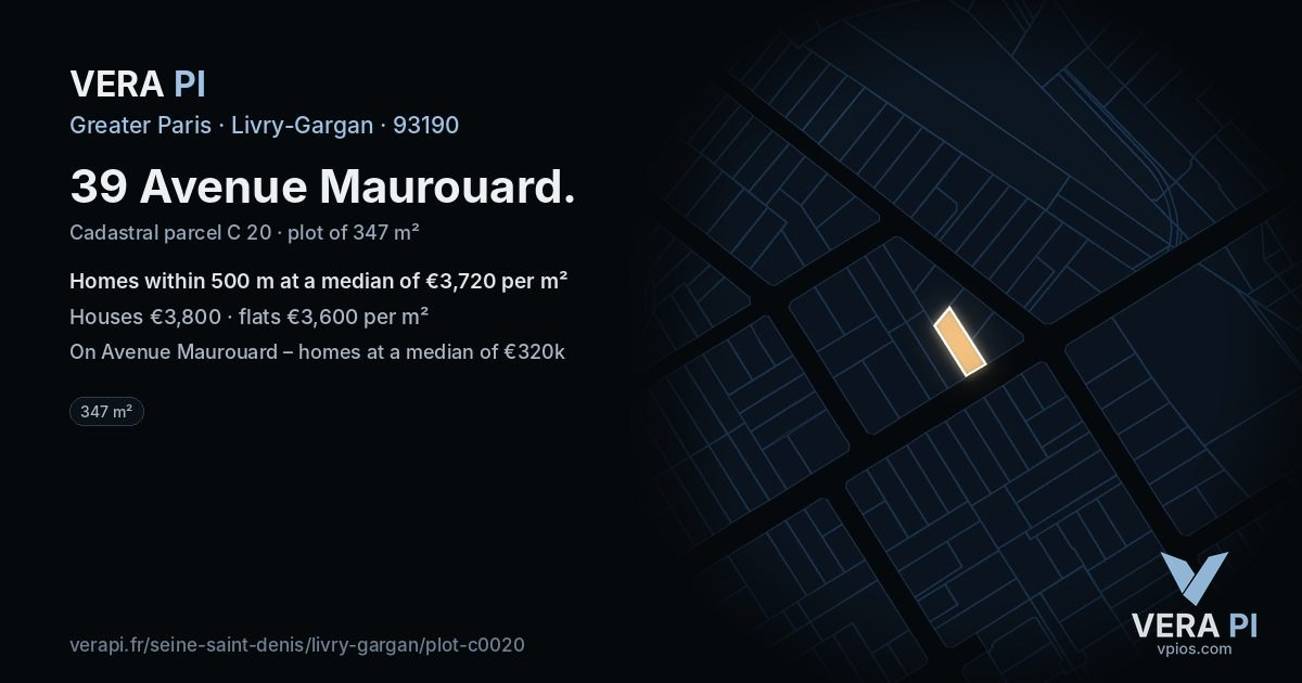 39 Avenue Maurouard, Livry-Gargan at night – the plot lit, the parcels around coloured by the prices near them