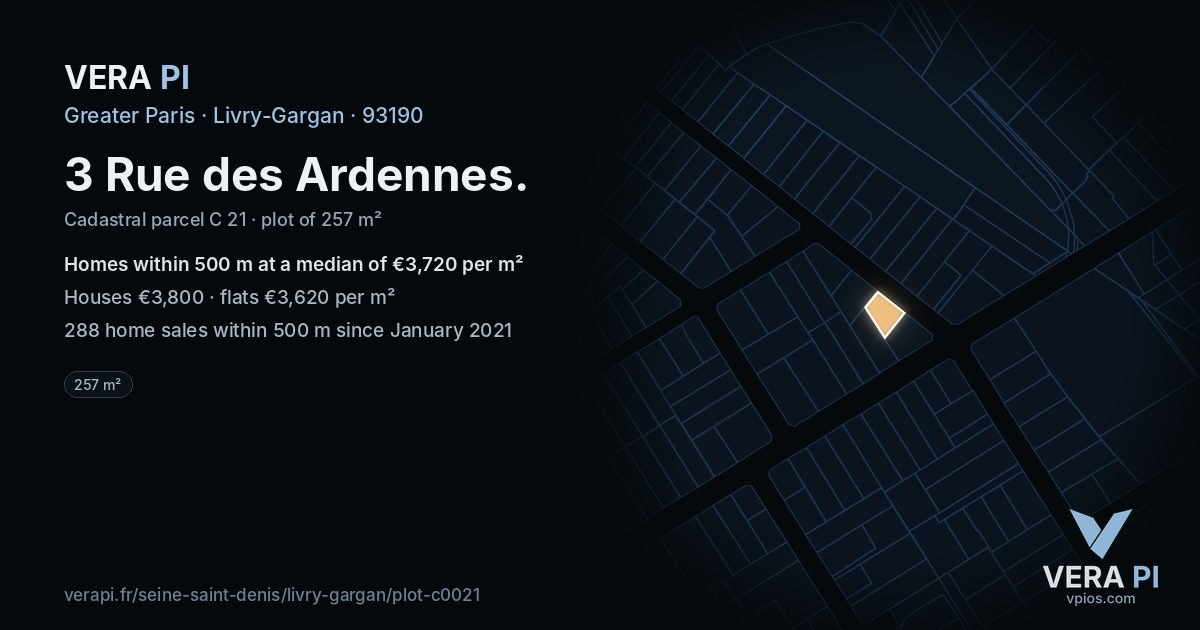 3 Rue des Ardennes, Livry-Gargan at night – the plot lit, the parcels around coloured by the prices near them