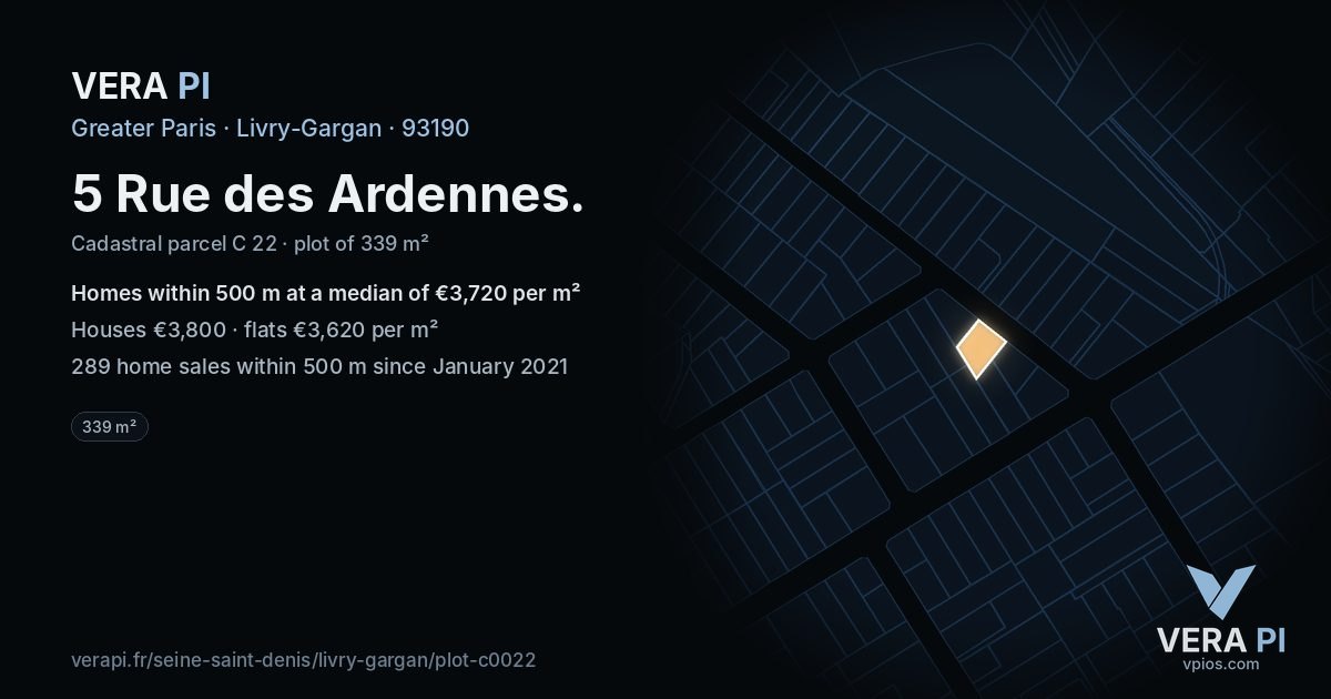 5 Rue des Ardennes, Livry-Gargan at night – the plot lit, the parcels around coloured by the prices near them