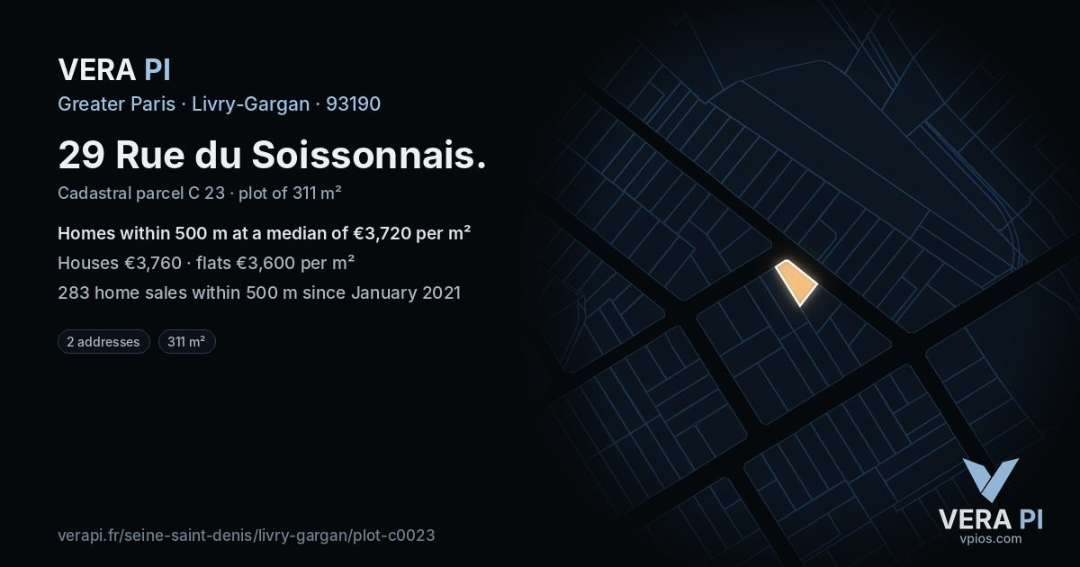 29 Rue du Soissonnais, Livry-Gargan at night – the plot lit, the parcels around coloured by the prices near them